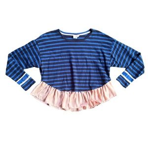 Anthropologie Deletta Rugby Striped Ruffle Hem Peplum Long Sleeve Size XS